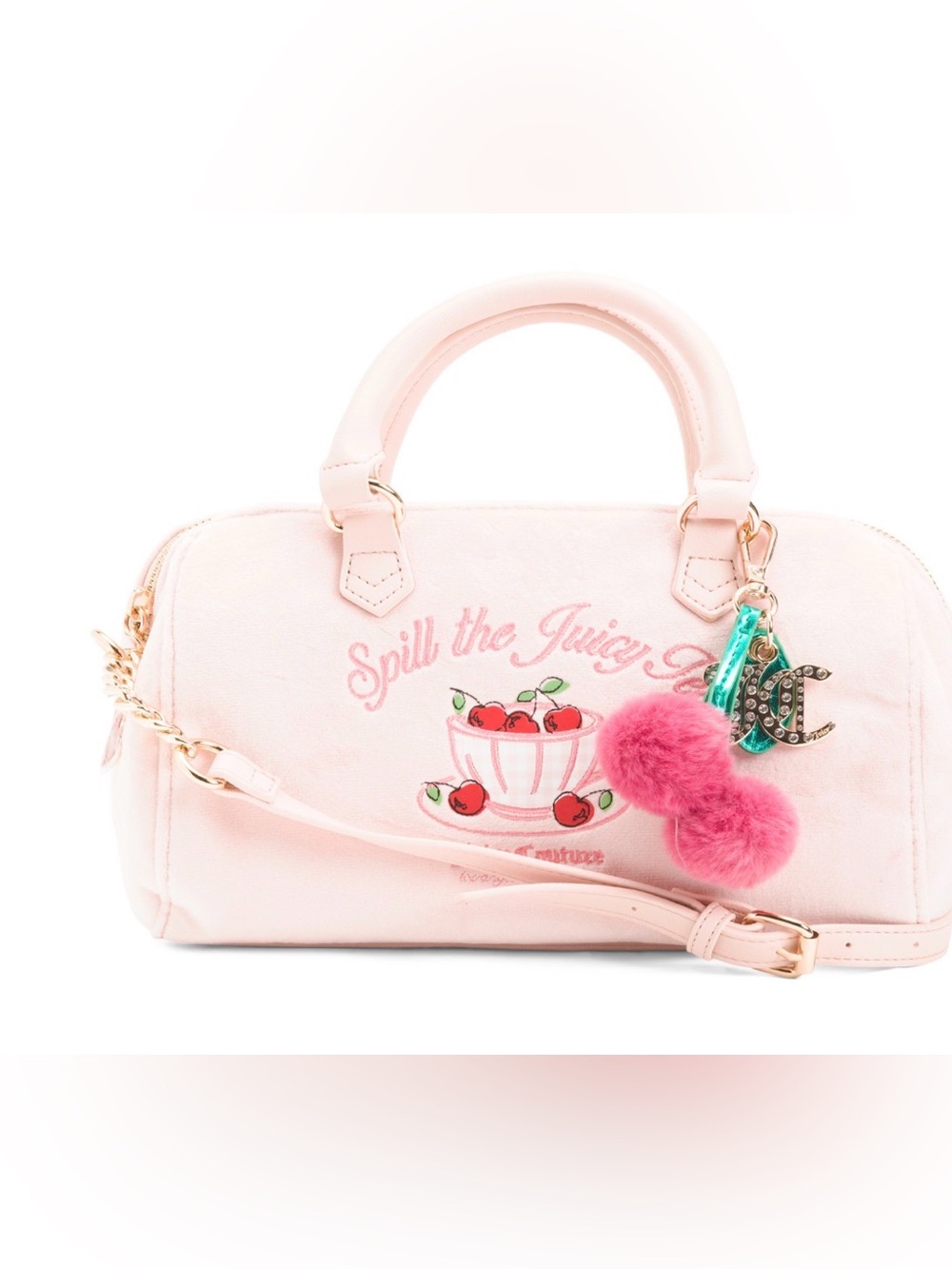 Juicy Couture Light Pink Cherry Embroidered Dome Satchel with Pom-Pom Charm